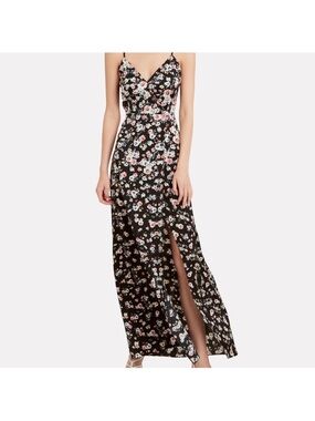 Floral V-Neck Black Maxi Dress with Side Slit intermix black raiza silk dress